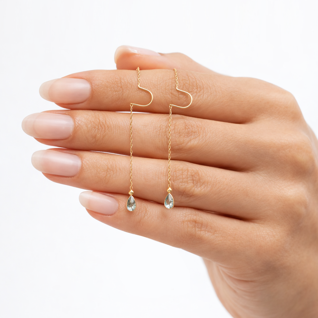 Sallantılı Mavi Taşlı Küpe 14 Ayar Altın