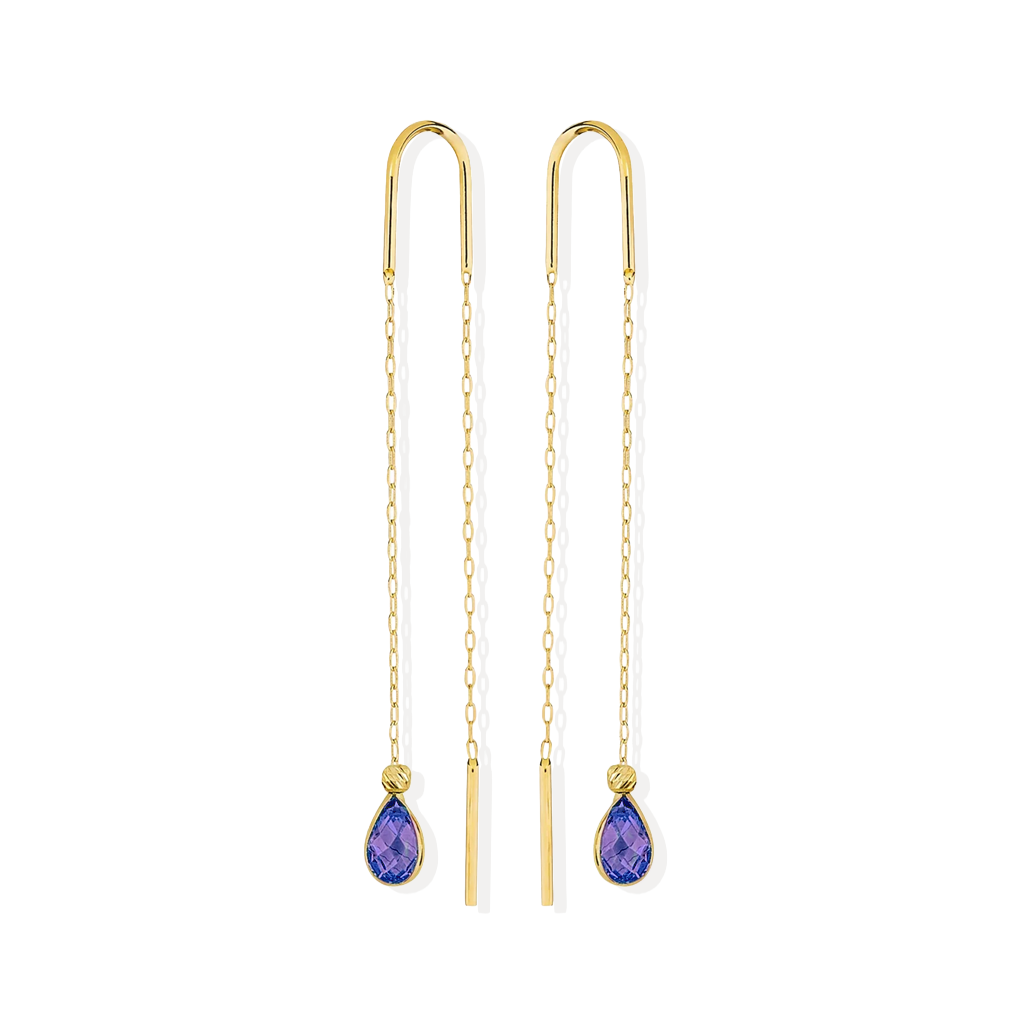 Sallantılı Mor Taşlı Küpe 14 Ayar Altın