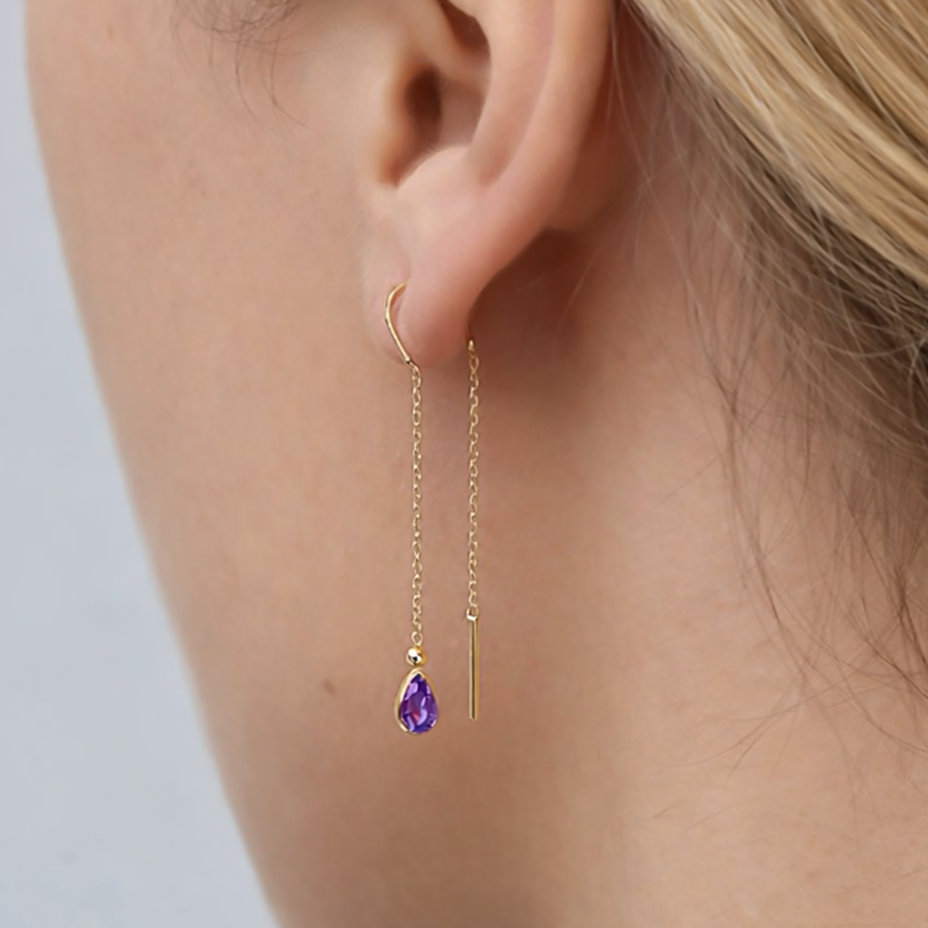 Sallantılı Mor Taşlı Küpe 14 Ayar Altın