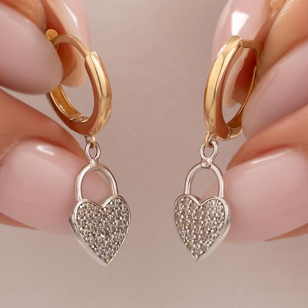 Sallantılı Taşlı Kalp Küpe 14 Ayar Altın