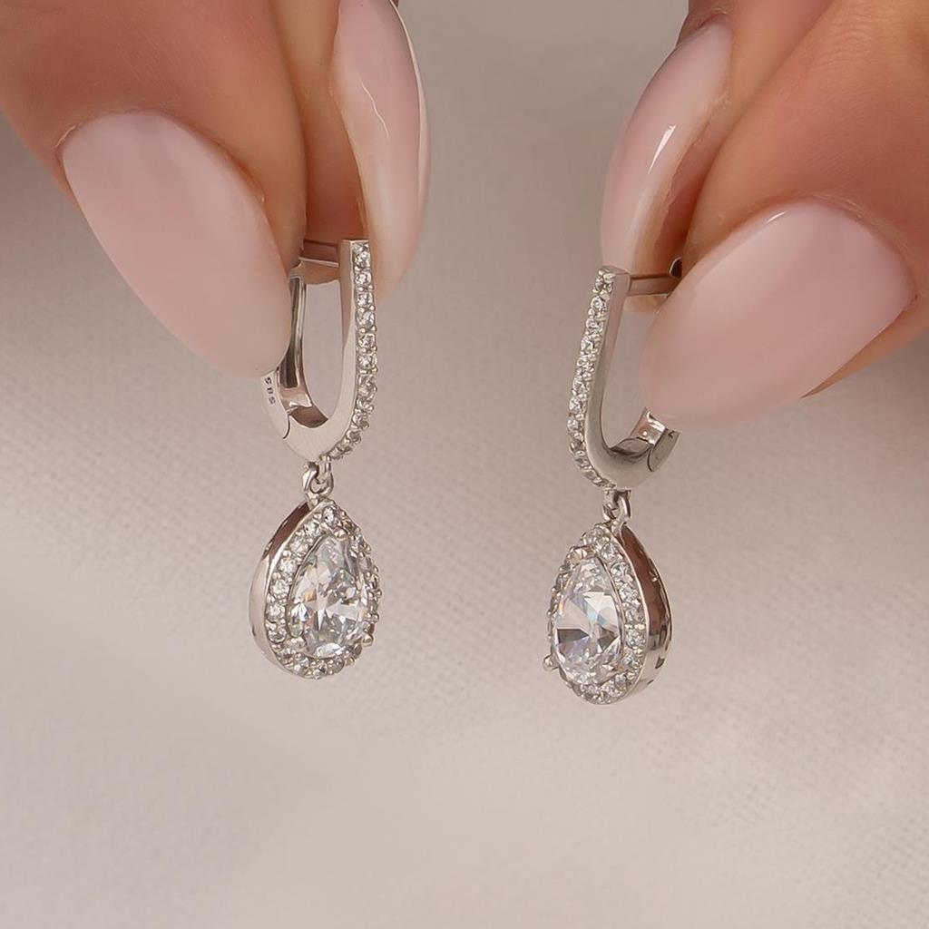 Sallantılı Tektaş 14 Ayar Beyaz Altın Küpe