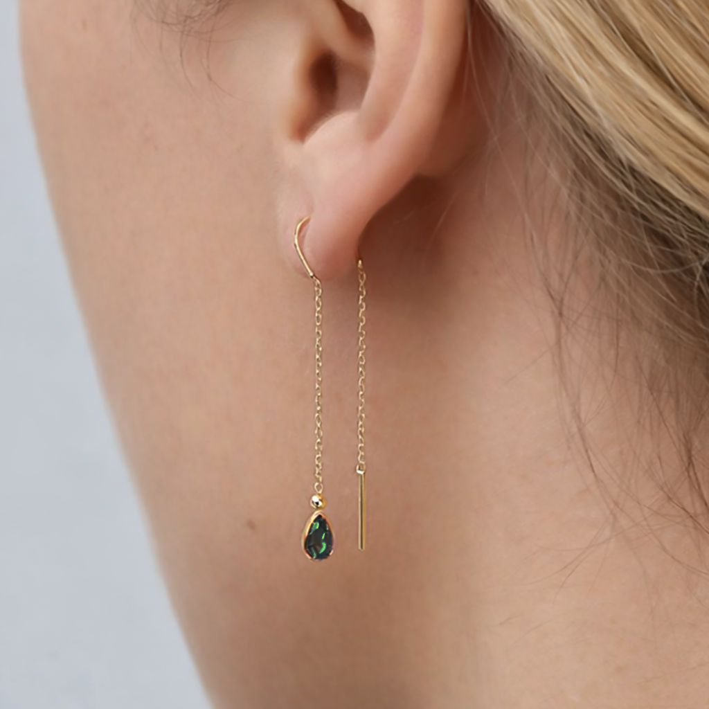 Sallantılı Yeşil Taşlı Küpe 14 Ayar Altın