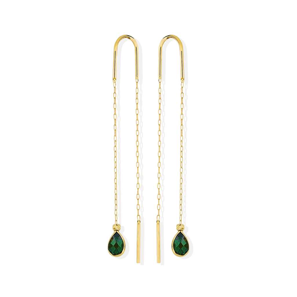 Sallantılı Yeşil Taşlı Küpe 14 Ayar Altın