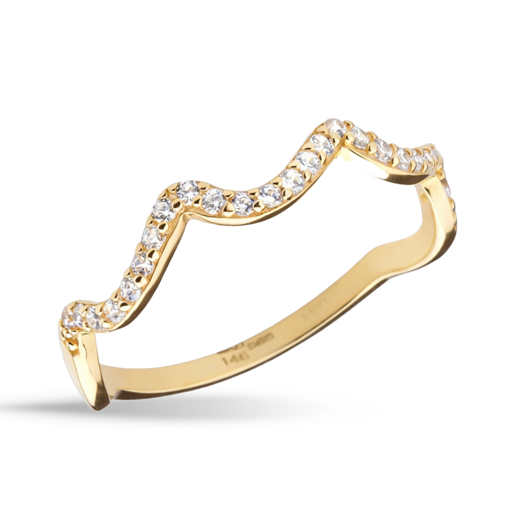 Sıra Taşlı Dalga Desenli 14 Ayar Altın Yüzük