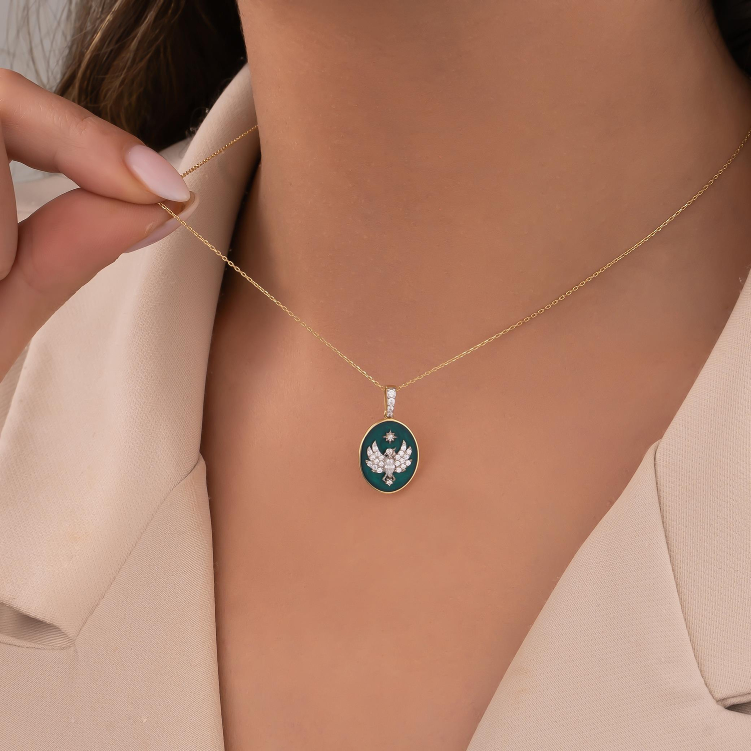 Taşlı Anka Kuşu 14 Ayar Altın Kolye