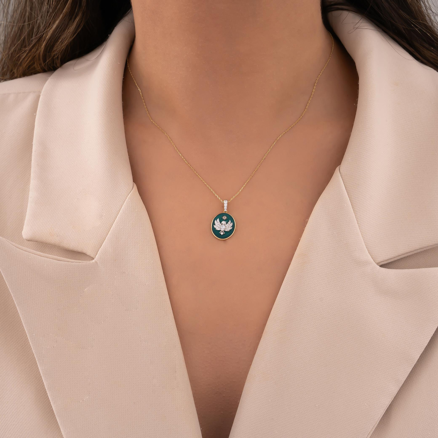 Taşlı Anka Kuşu 14 Ayar Altın Kolye