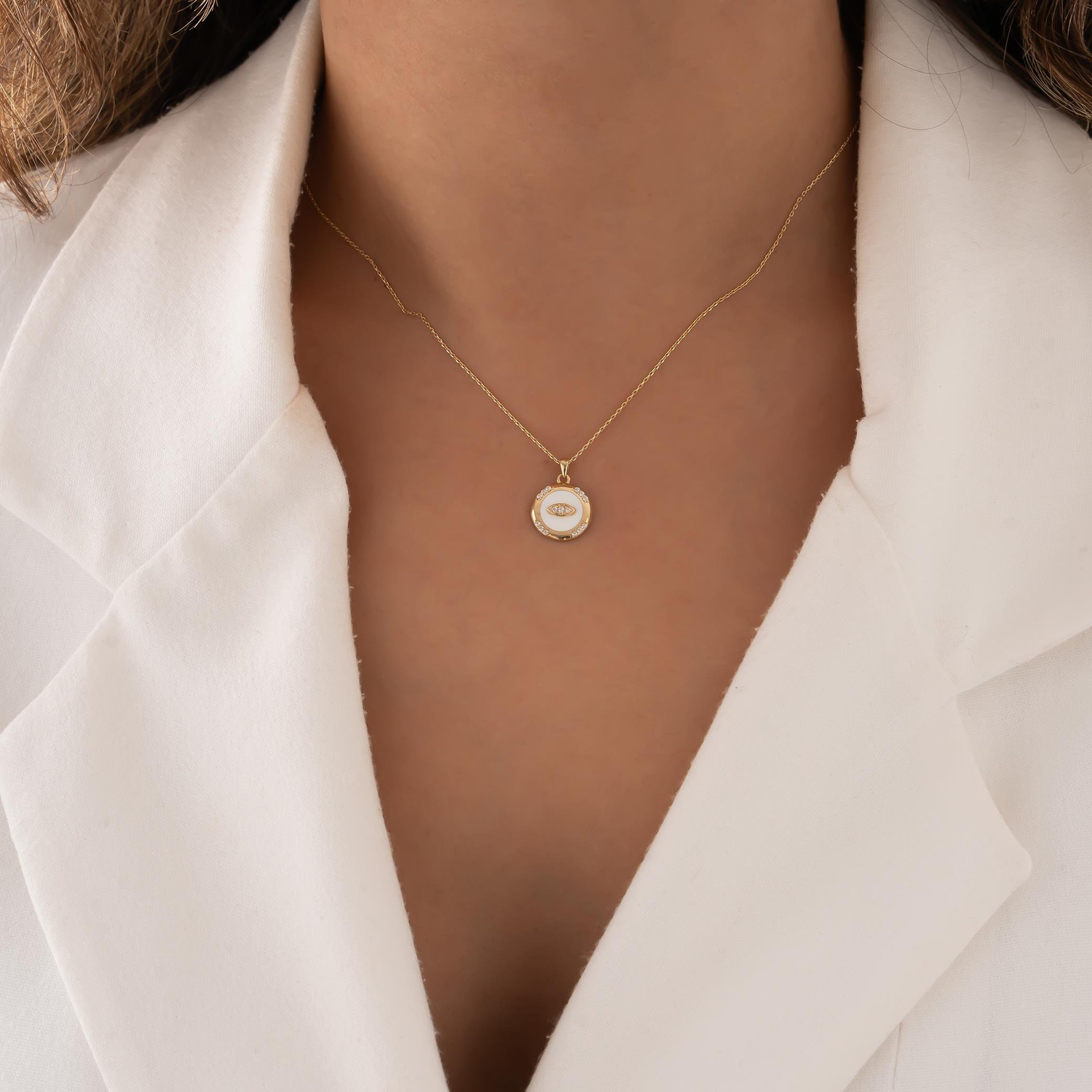 Taşlı Beyaz Mineli 14 Ayar Altın Kolye