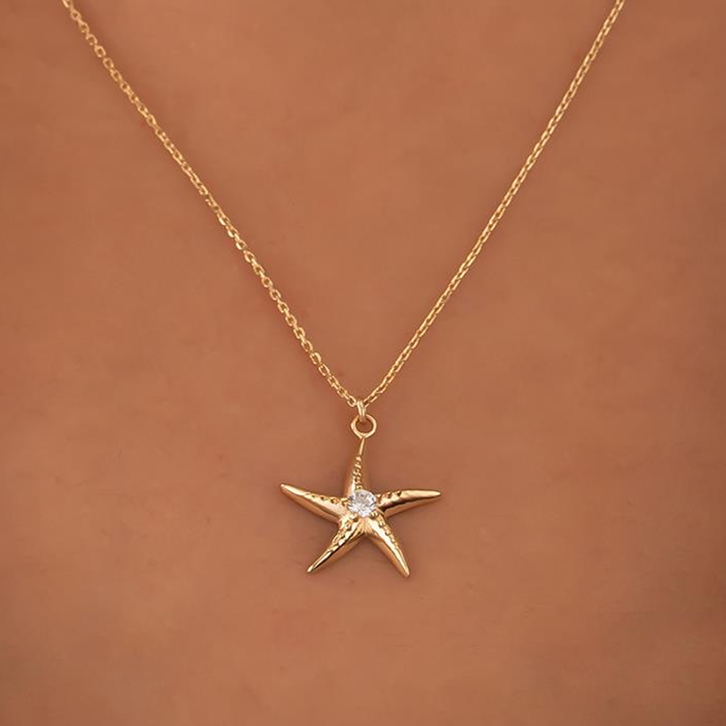 Taşlı Deniz Yıldızı 14 Ayar Altın Kolye