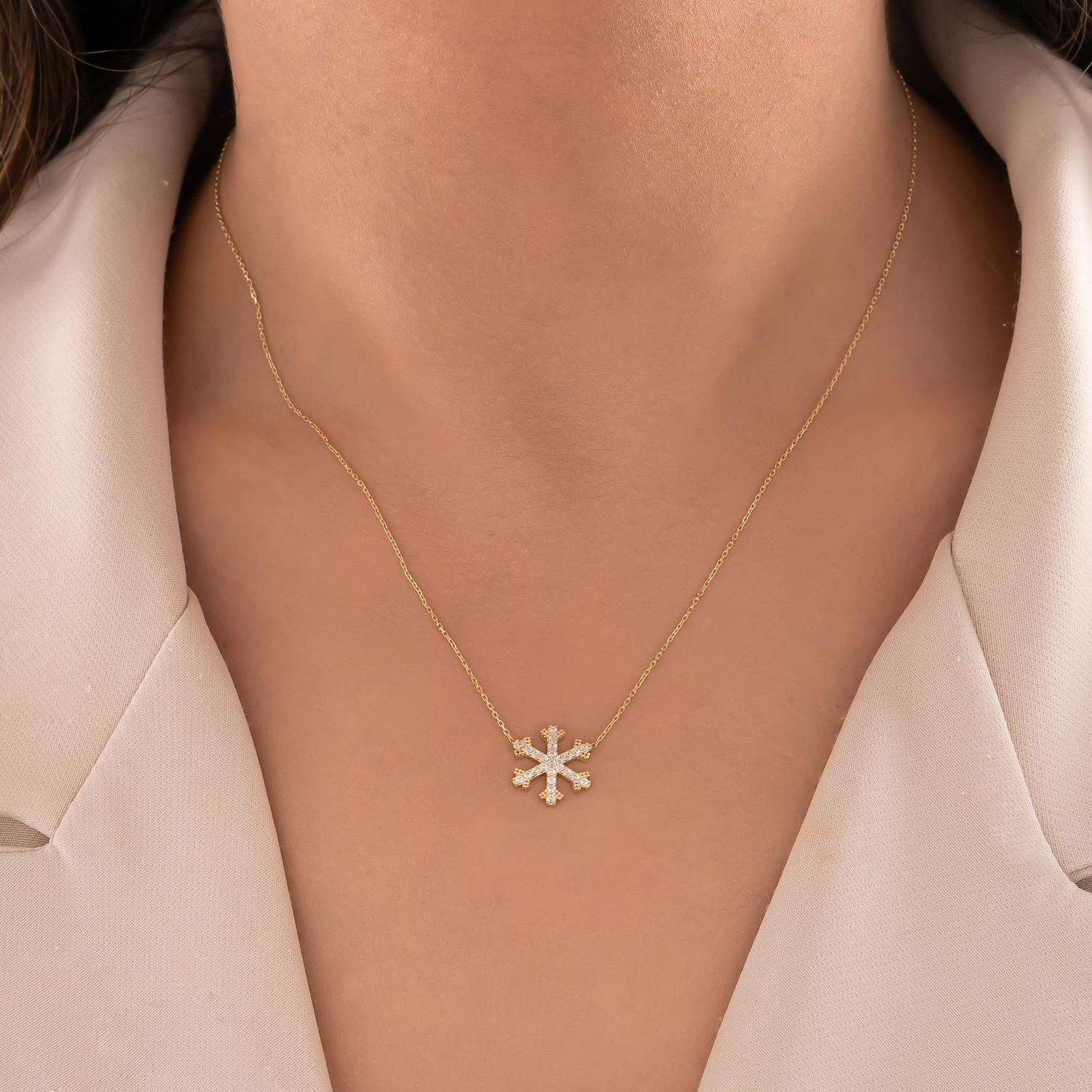 Taşlı Kar Tanesi 14 Ayar Altın Kolye