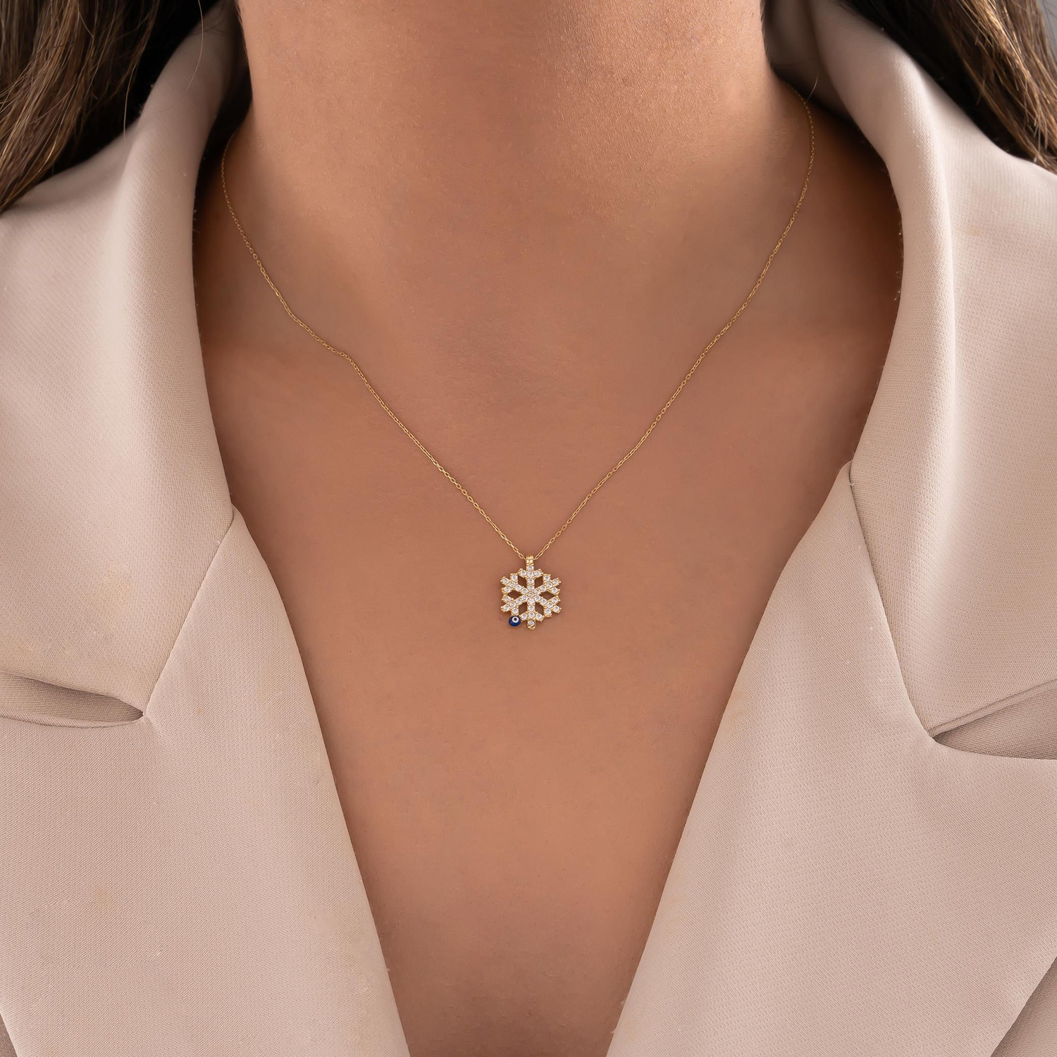 Taşlı Kar Tanesi 14 Ayar Altın Kolye