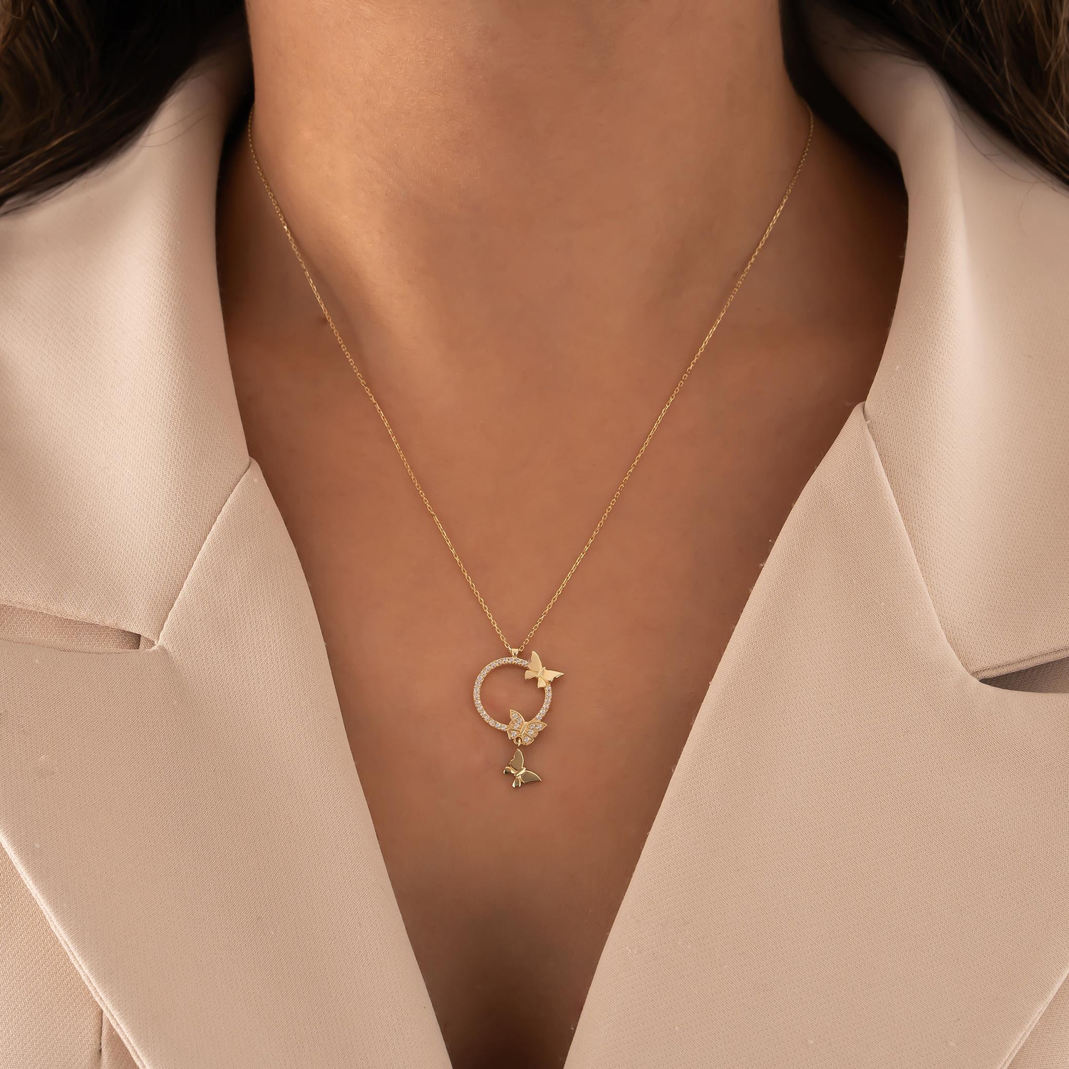 Taşlı Kelebek 14 Ayar Altın Kolye