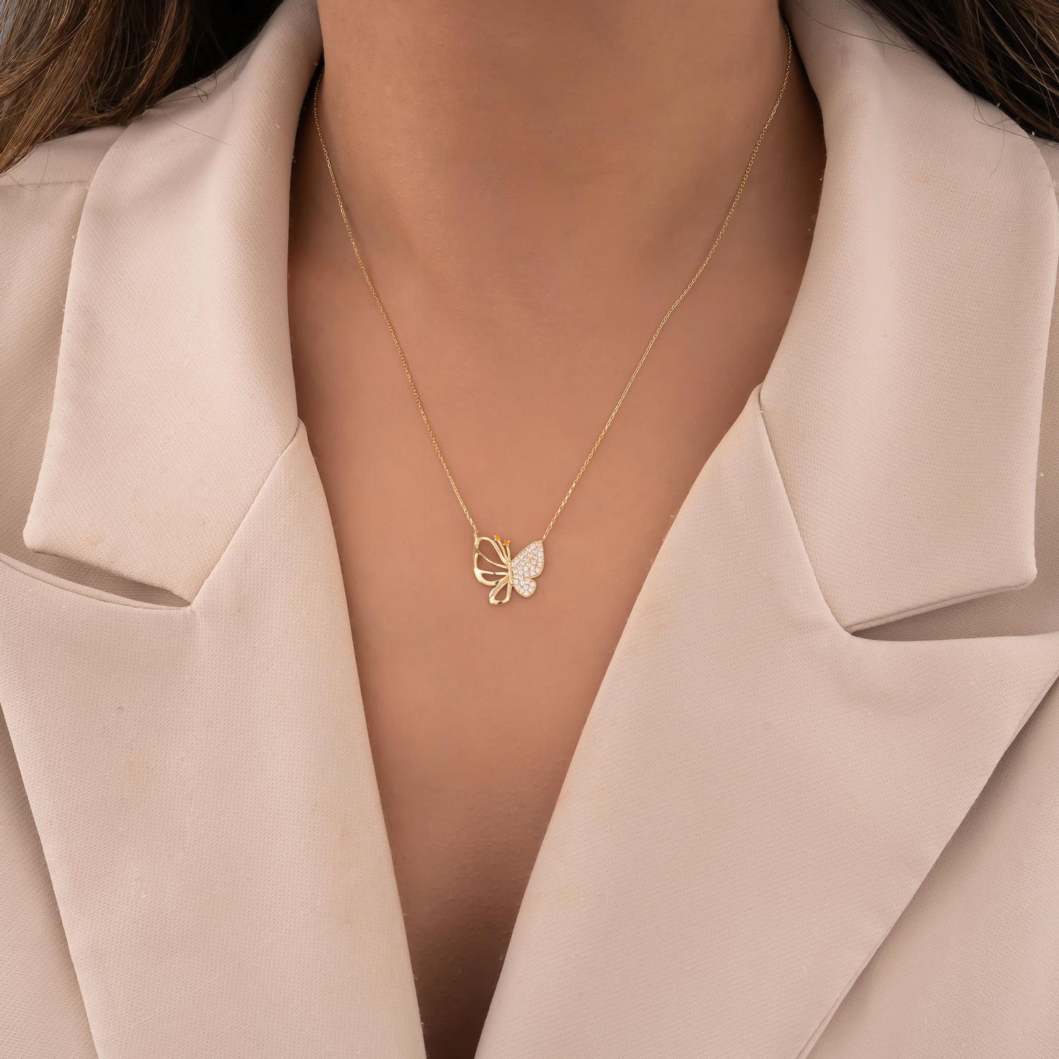 Taşlı Kelebek 14 Ayar Altın Kolye