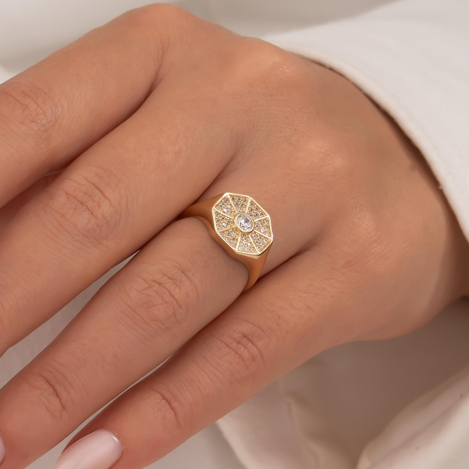 Taşlı Sekizgen Model 14 Ayar Altın Yüzük 