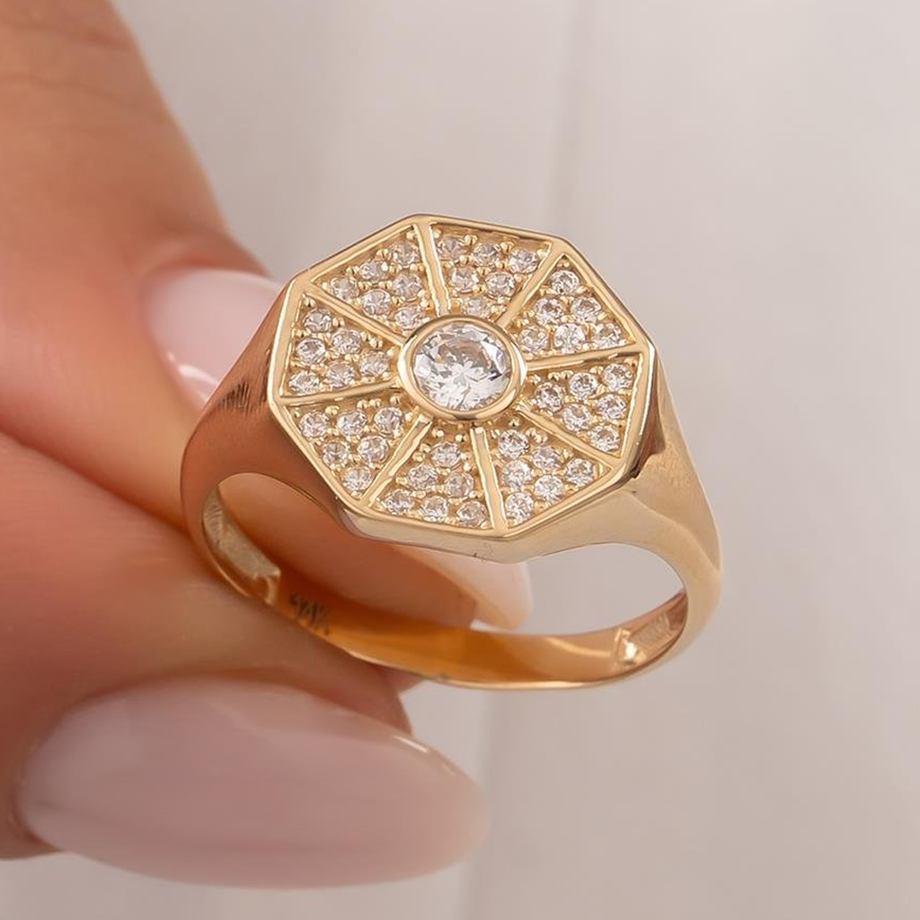 Taşlı Sekizgen Model 14 Ayar Altın Yüzük 