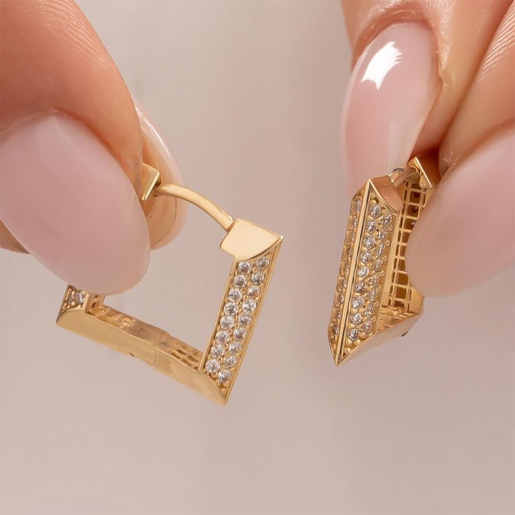 Taşlı Üçgen Küpe 14 Ayar Altın