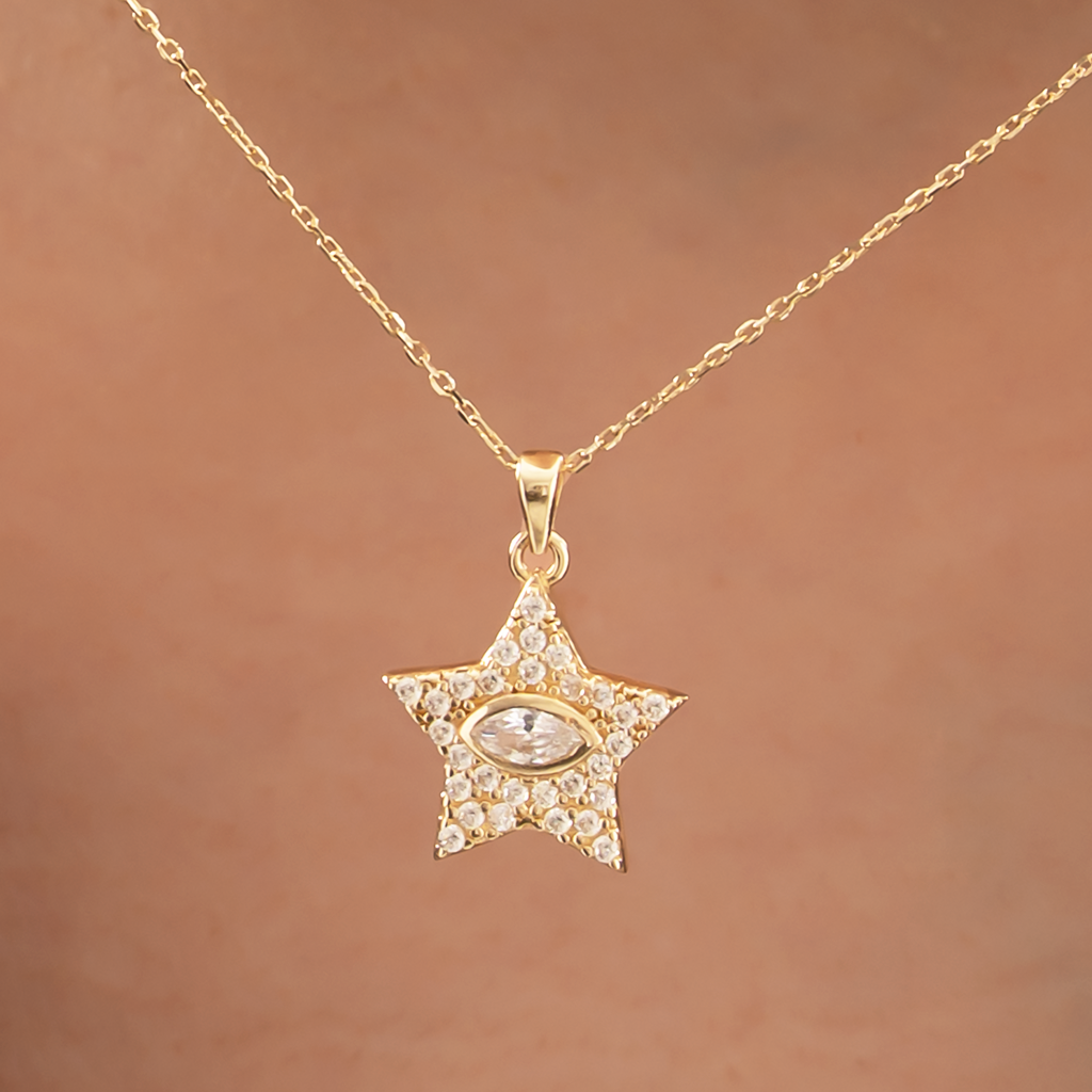 Taşlı Yıldız Göz Detaylı 14 Ayar Altın Kolye