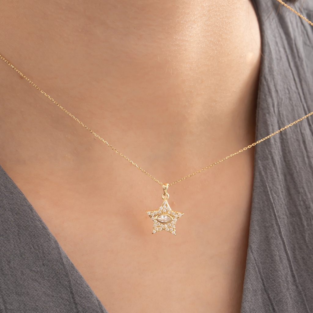 Taşlı Yıldız Göz Detaylı 14 Ayar Altın Kolye