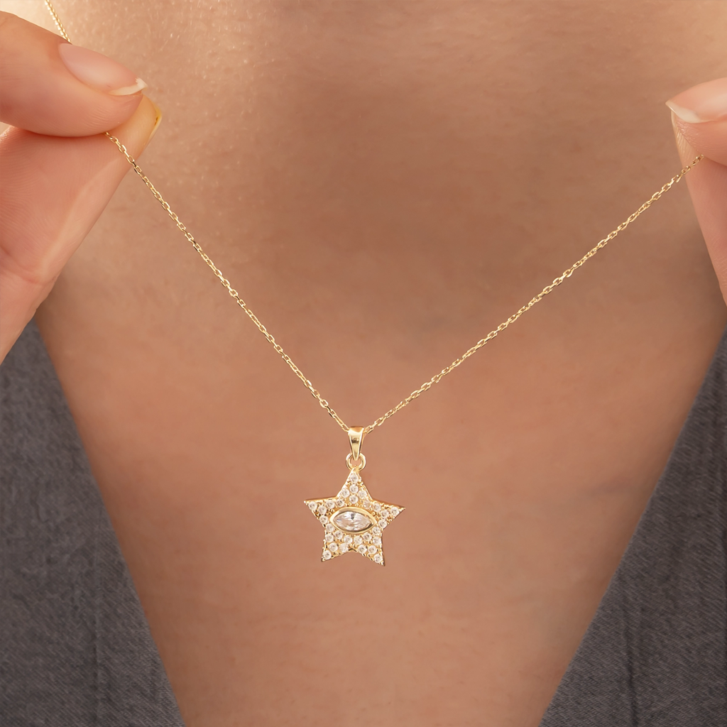 Taşlı Yıldız Göz Detaylı 14 Ayar Altın Kolye