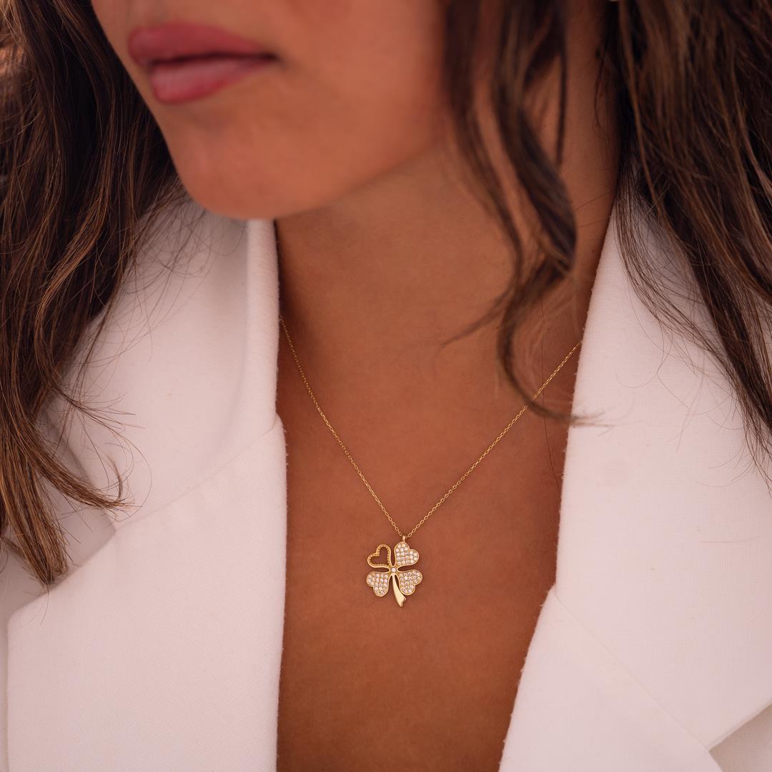 Taşlı Yonca 14 Ayar Altın Kolye 