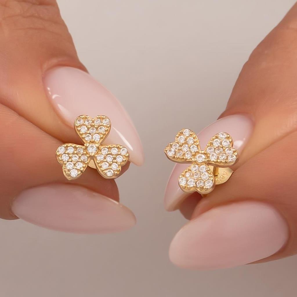 Taşlı Yonca Küpe 14 Ayar Altın