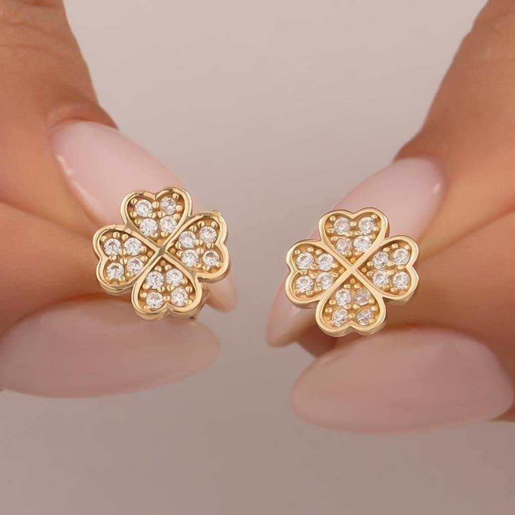 Taşlı Yonca Küpe 14 Ayar Altın