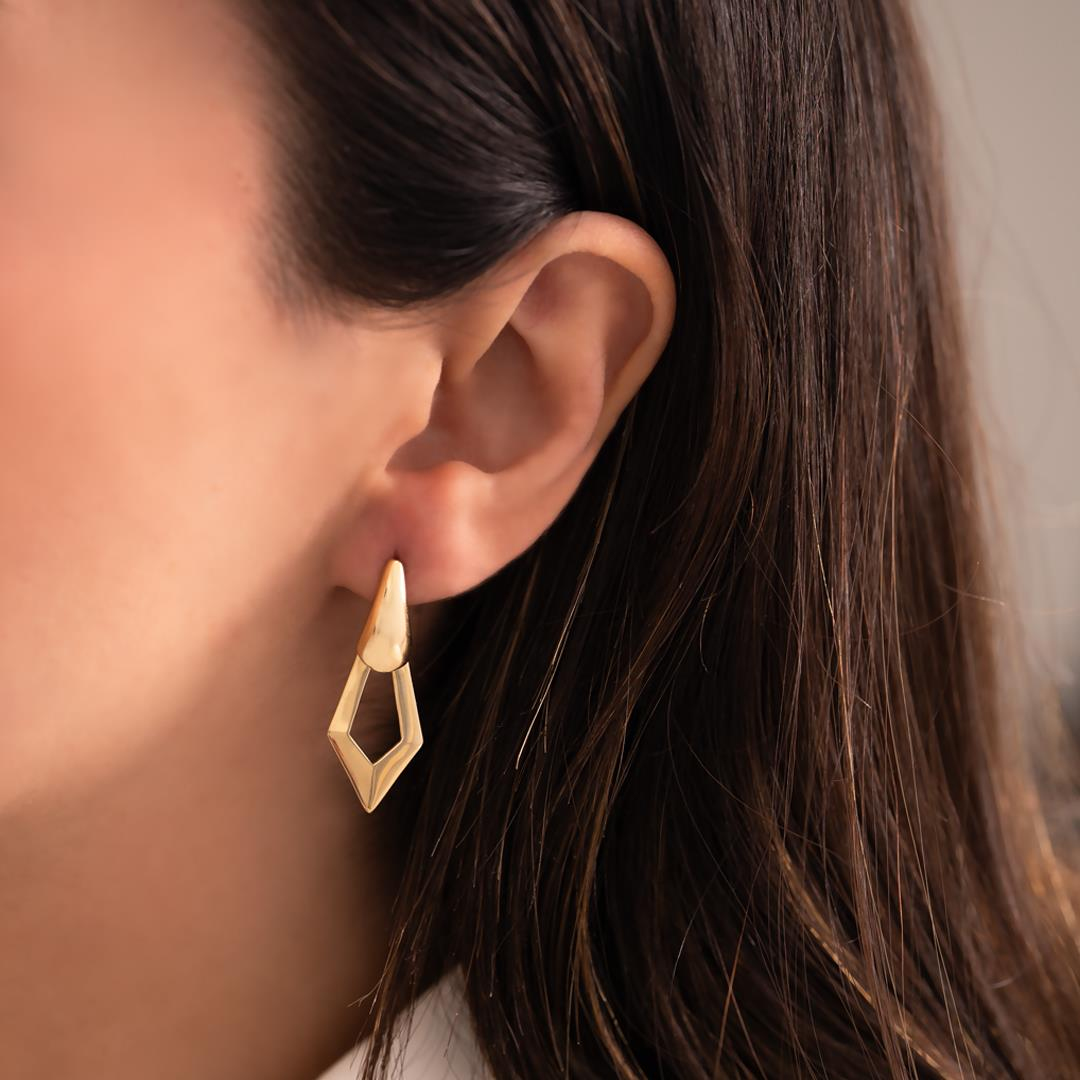 Taşsız Sallantılı Geometrik Tasarım Küpe 14 Ayar Altın