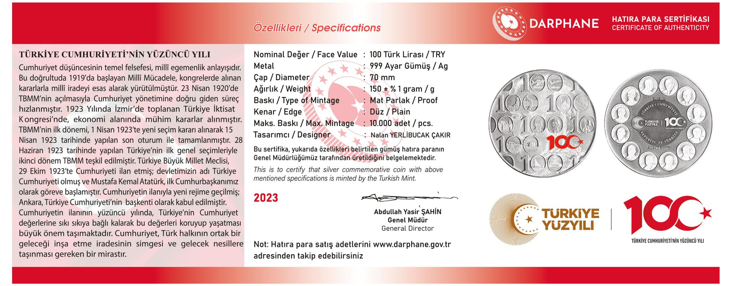 Türkiye Cumhuriyet'inin 100. Yılı Gümüş Hatıra Parası