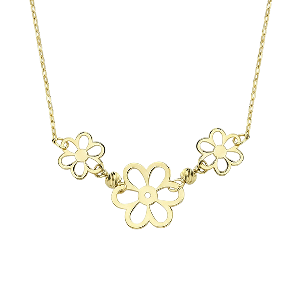 Üç Çiçekli Minimal 14 Ayar Altın Kolye