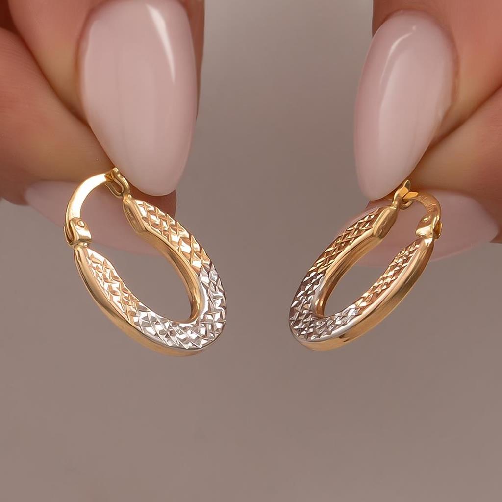 Üç Renkli Desenli Küpe 14 Ayar Altın