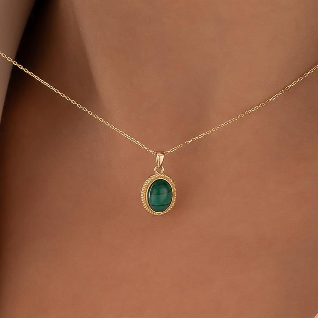 Yeşil Firuze Taşlı 14 Ayar Altın Kolye