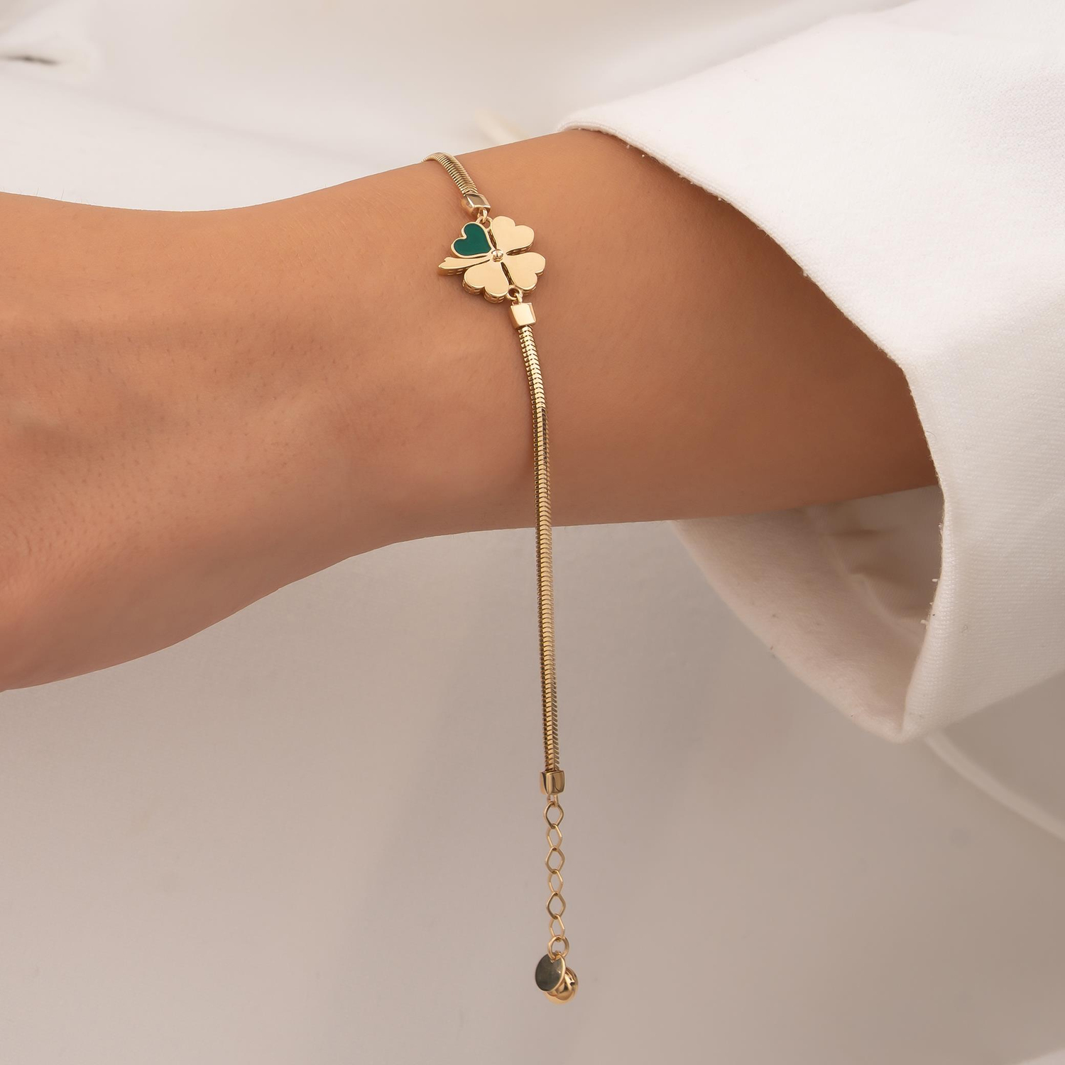 Yeşil Mineli Yonca Balıksırtı 14 Ayar Altın Bileklik