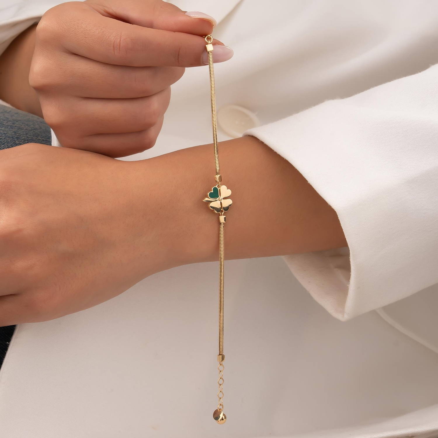 Yeşil Mineli Yonca Balıksırtı 14 Ayar Altın Bileklik