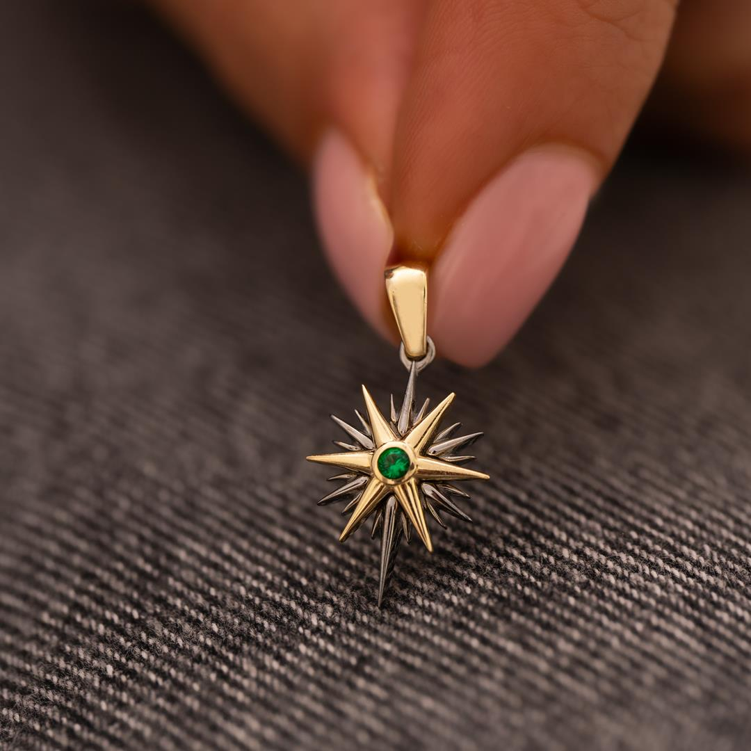 Yeşil Taşlı Kuzey Yıldızı 14 Ayar Kolye Ucu