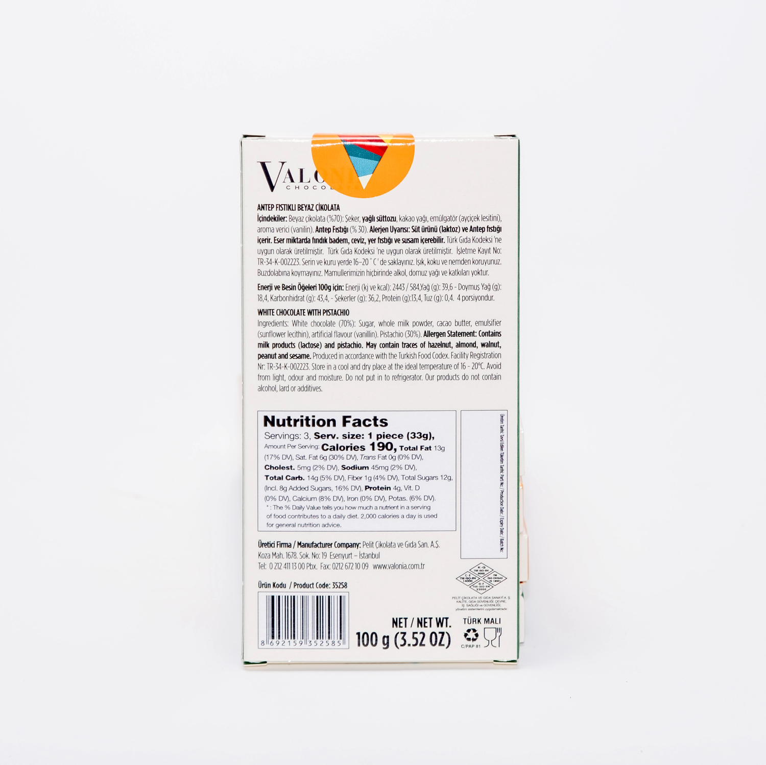 4U Beyaz Antep Fıstıklı Çikolata   100Gr