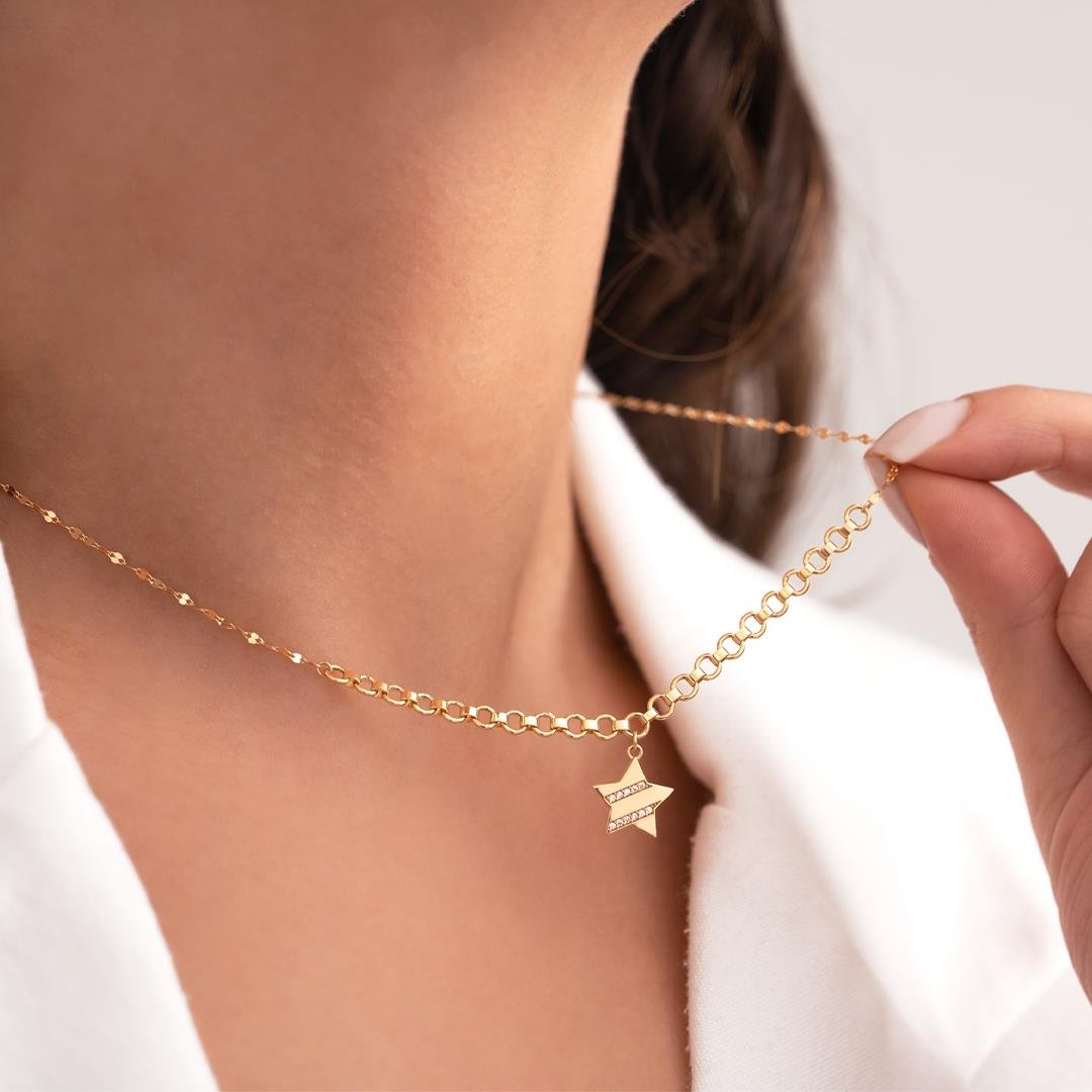 Çift Zincirli Yıldız 14 Ayar Altın Kolye