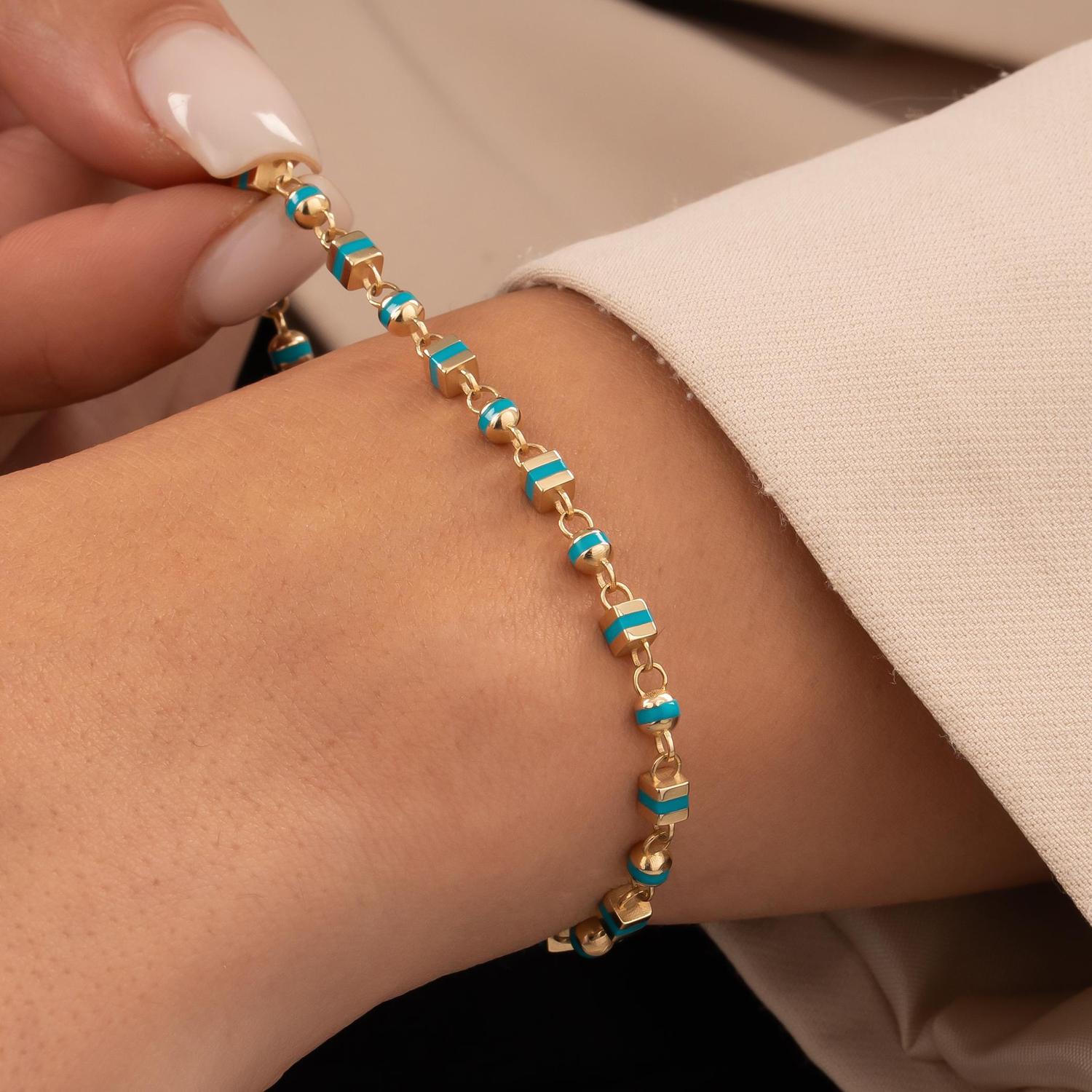 Mavi Mineli 14 Ayar Altın Bileklik