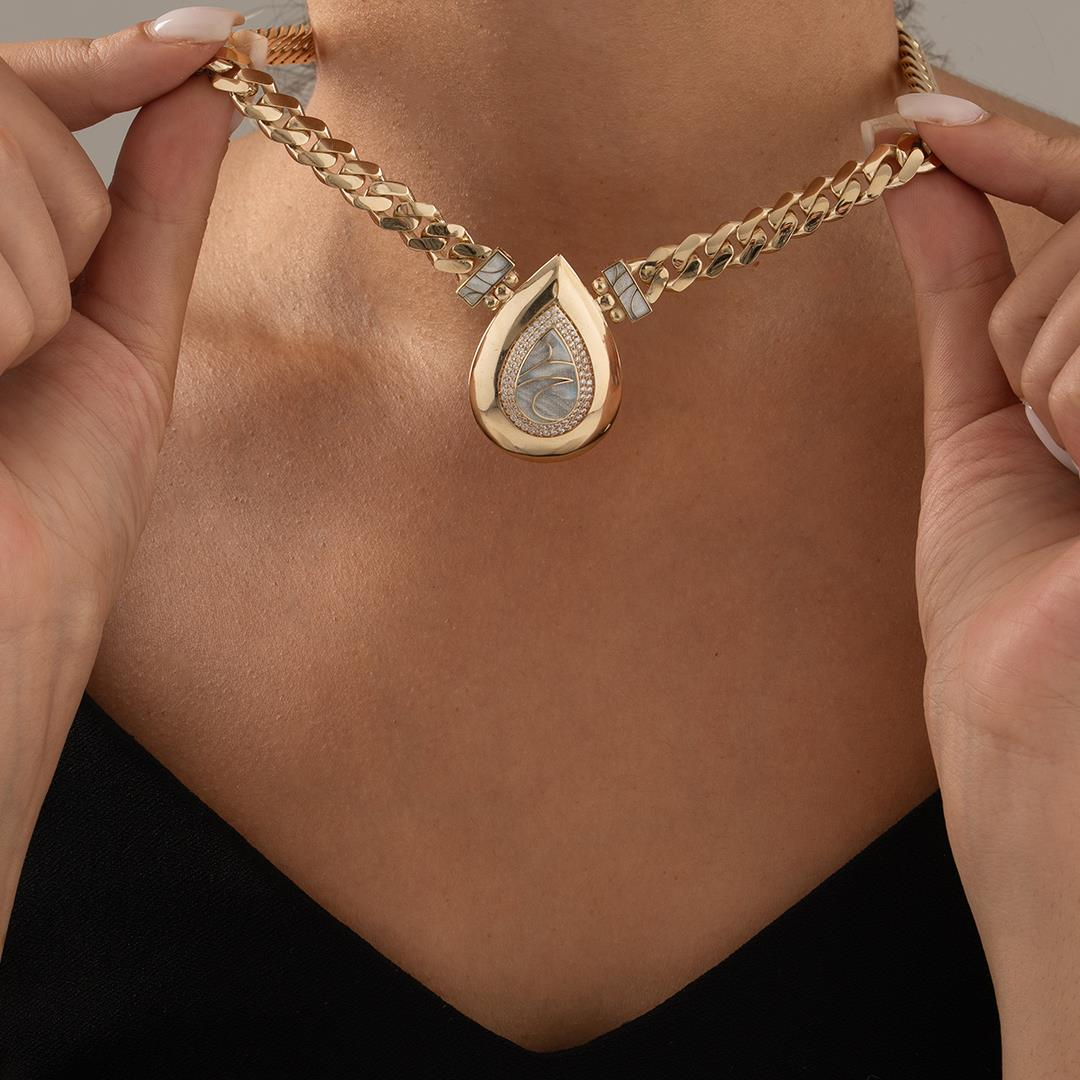 Mavi Mineli Özel Damla Tasarım Altın Kolye