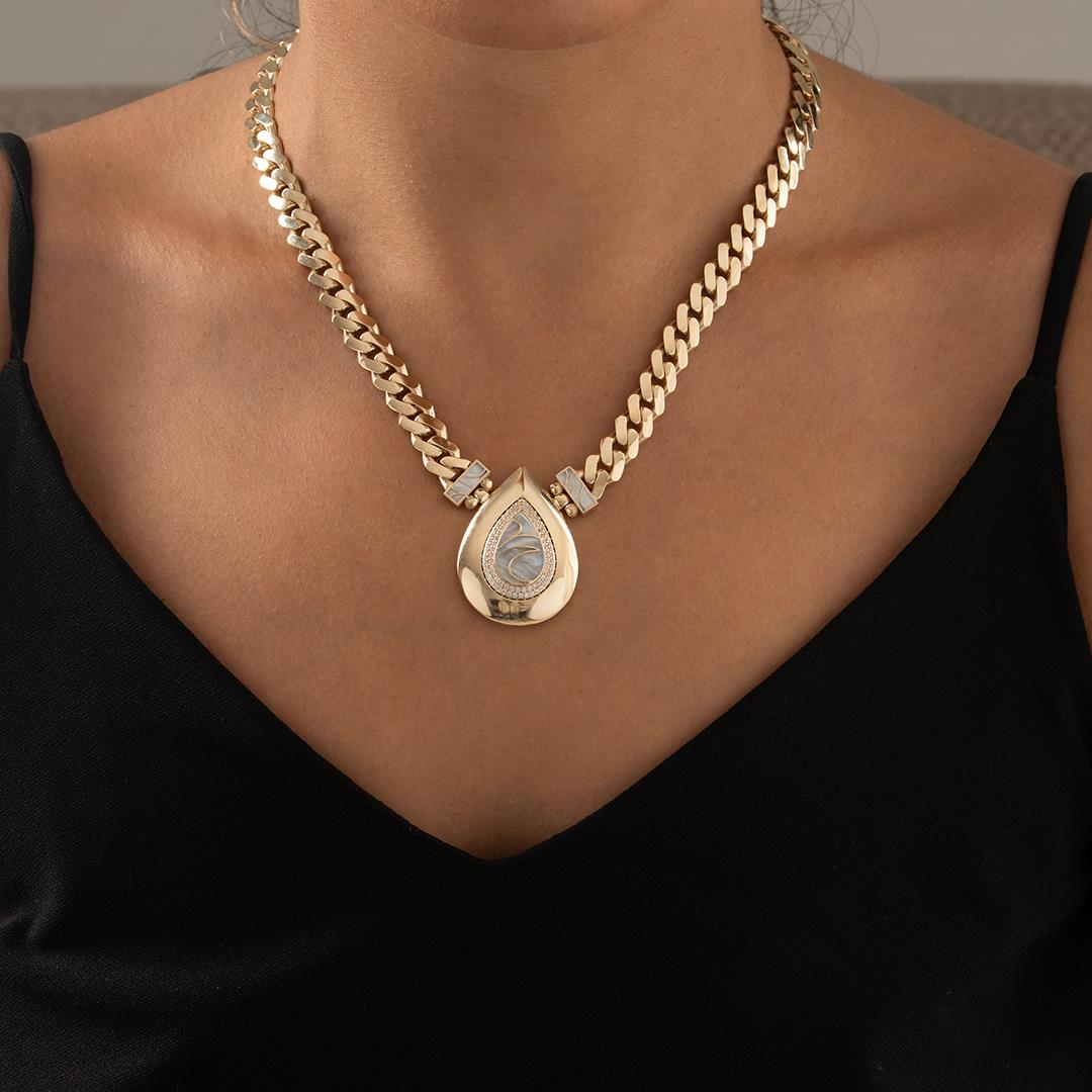 Mavi Mineli Özel Damla Tasarım Altın Kolye