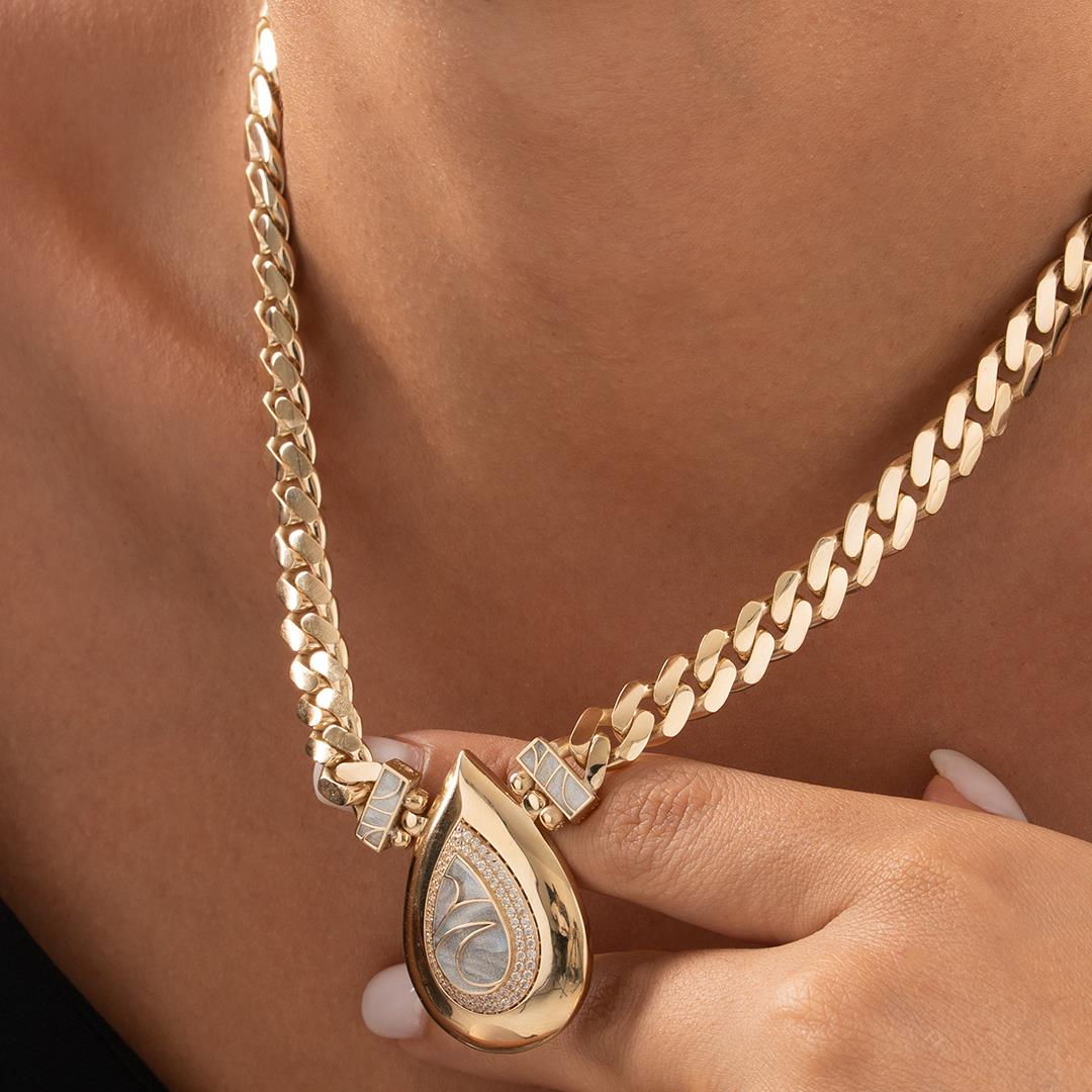 Mavi Mineli Özel Damla Tasarım Altın Kolye