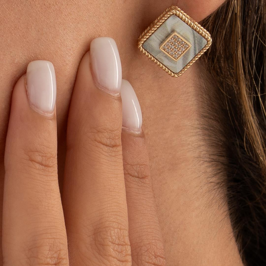 Özel Kare Tasarım Mavi Mineli 14 Ayar Altın Küpe