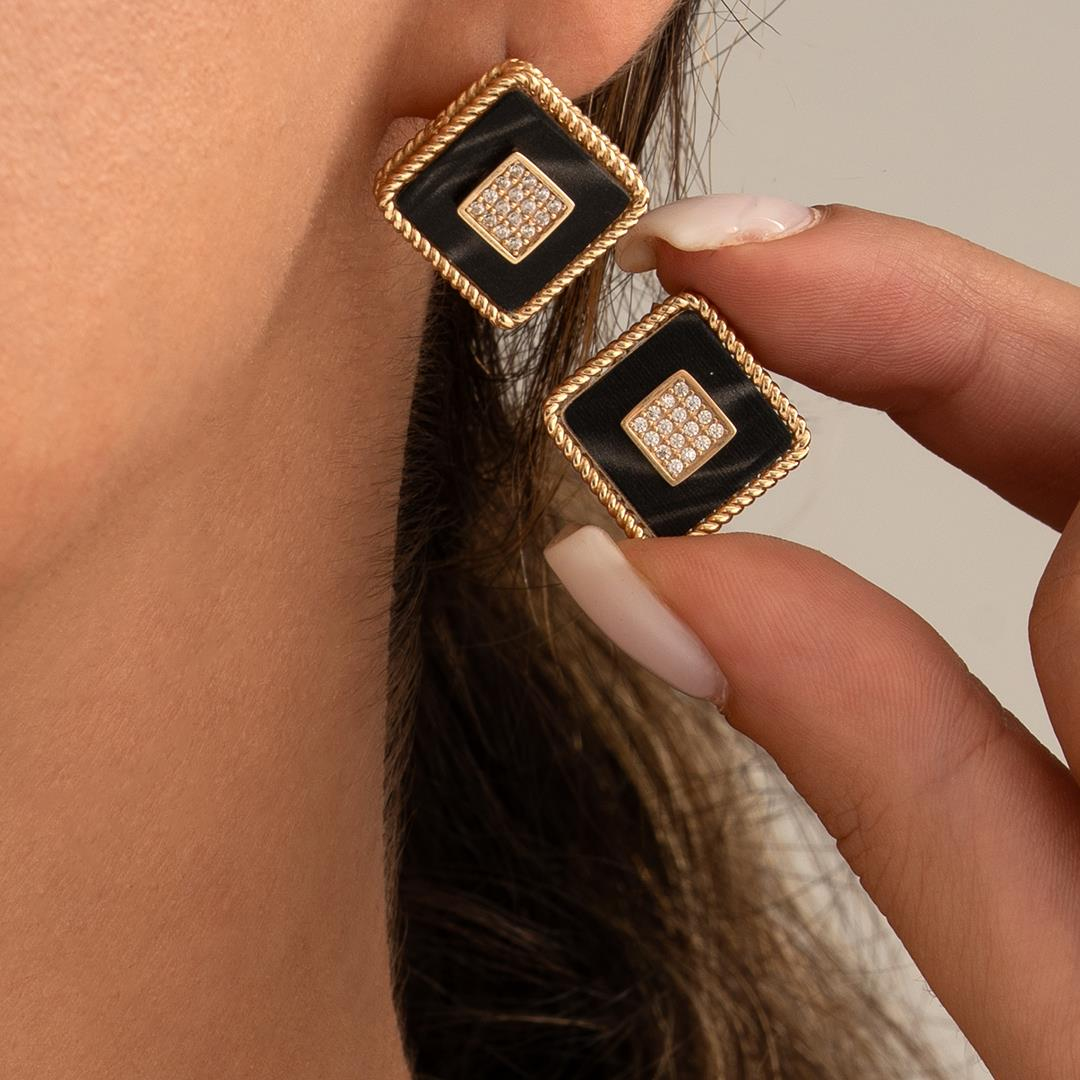 Özel Kare Tasarım Siyah Mineli Altın Küpe