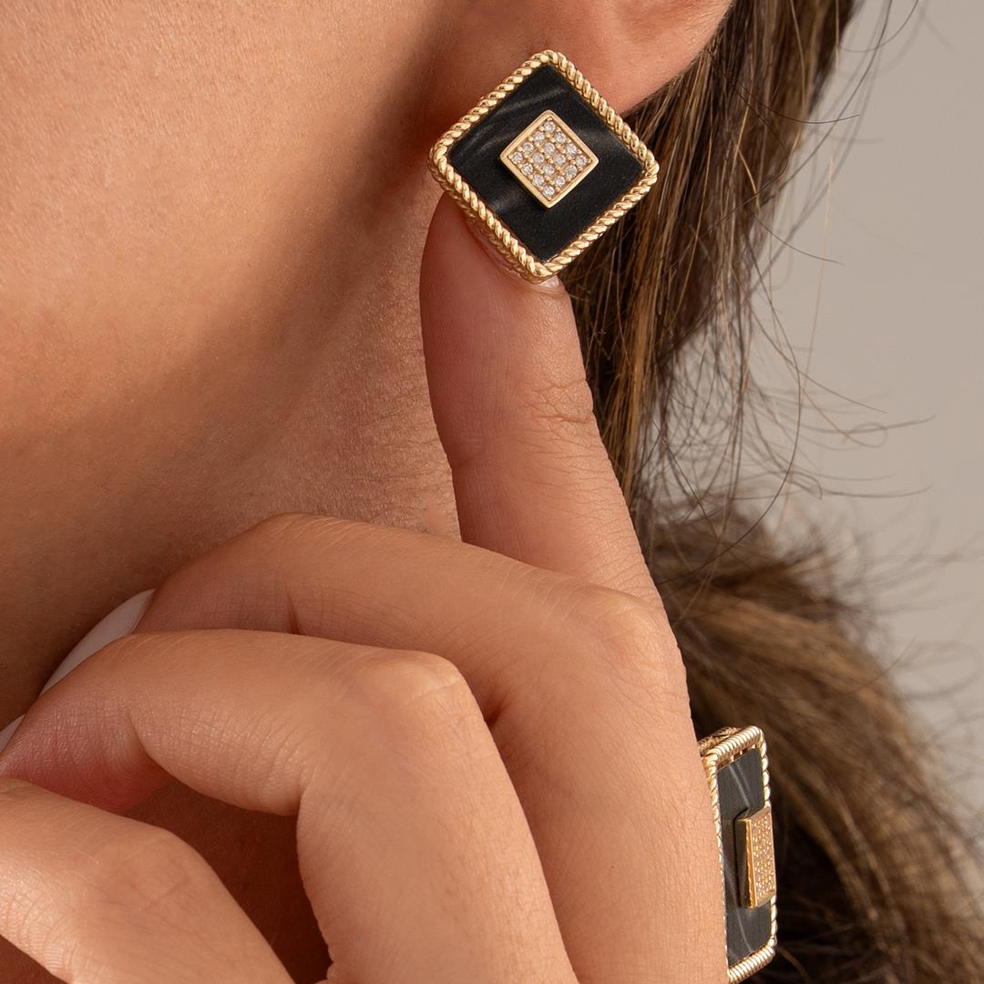 Özel Kare Tasarım Siyah Mineli Altın Küpe