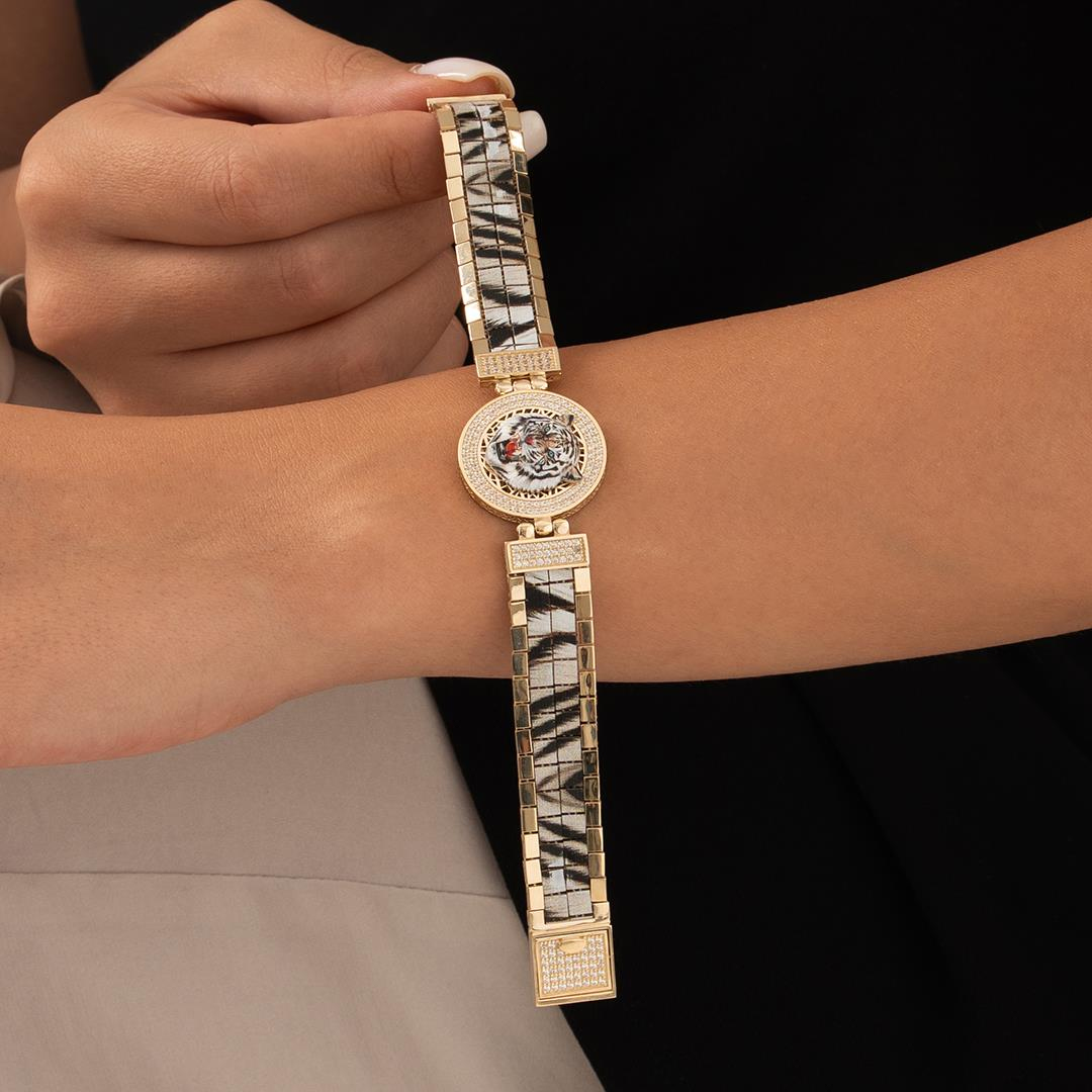 Özel Tasarım Beyaz Kaplan Altın Bileklik