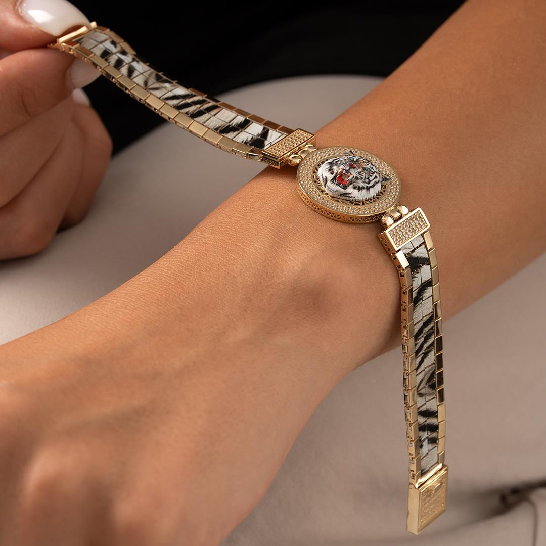 Özel Tasarım Beyaz Kaplan Altın Bileklik