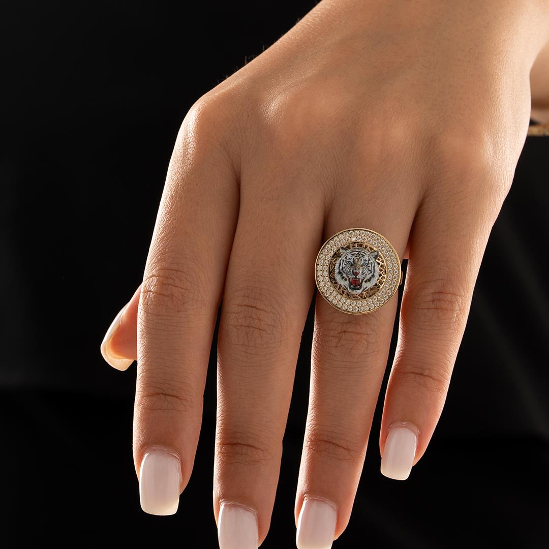 Özel Tasarım Beyaz Kaplan Altın Yüzük
