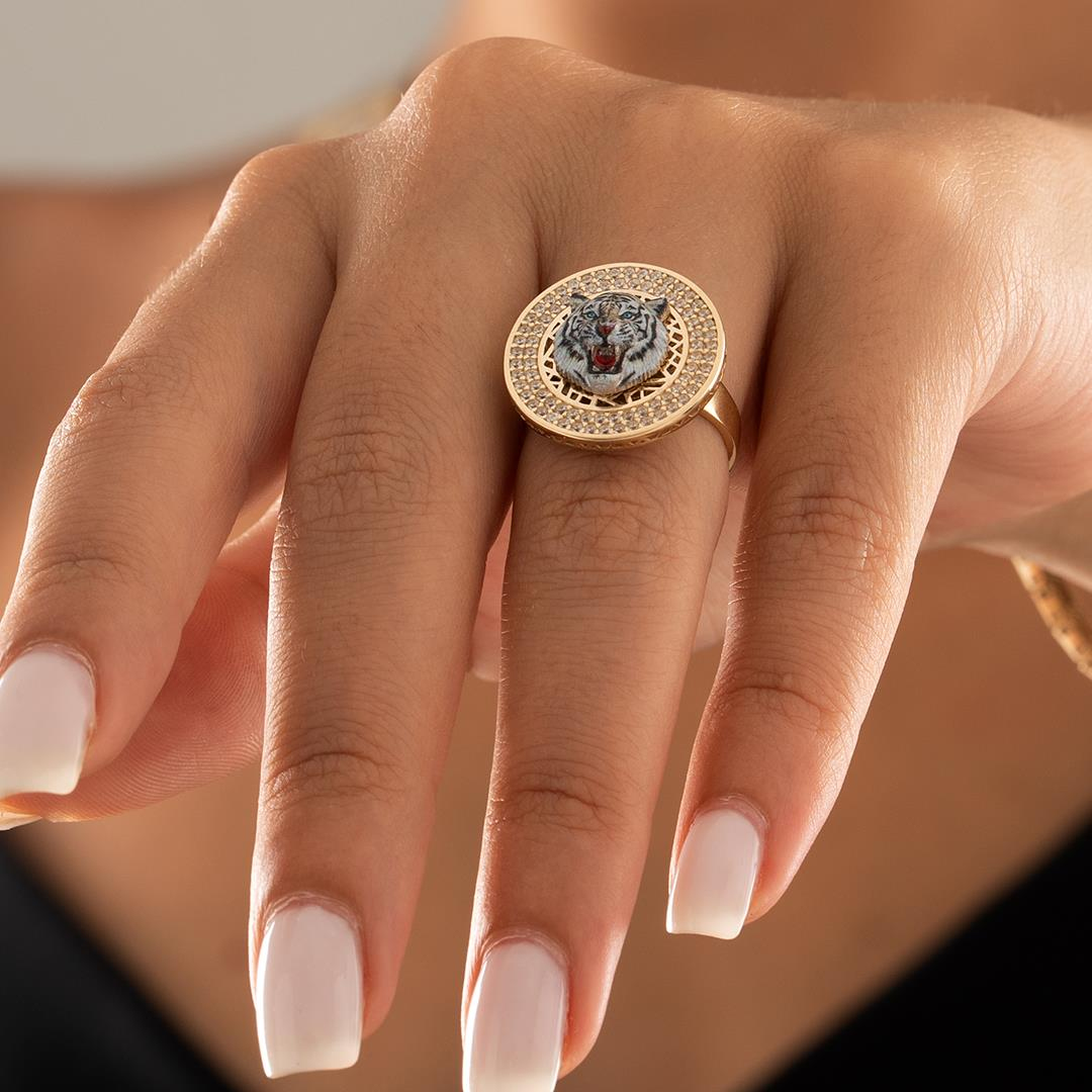Özel Tasarım Beyaz Kaplan Altın Yüzük