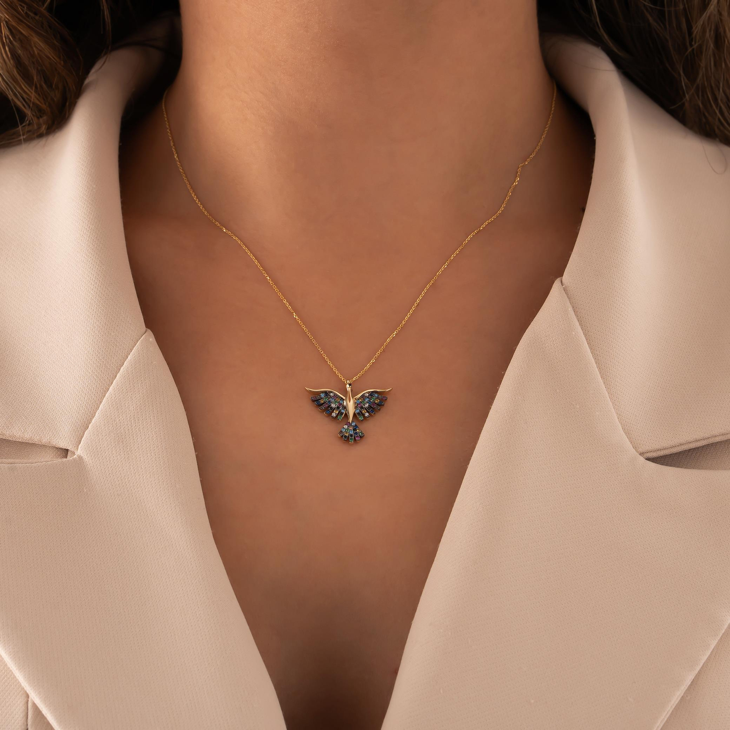 Renkli Taşlı Anka Kuşu 14 Ayar Altın Kolye