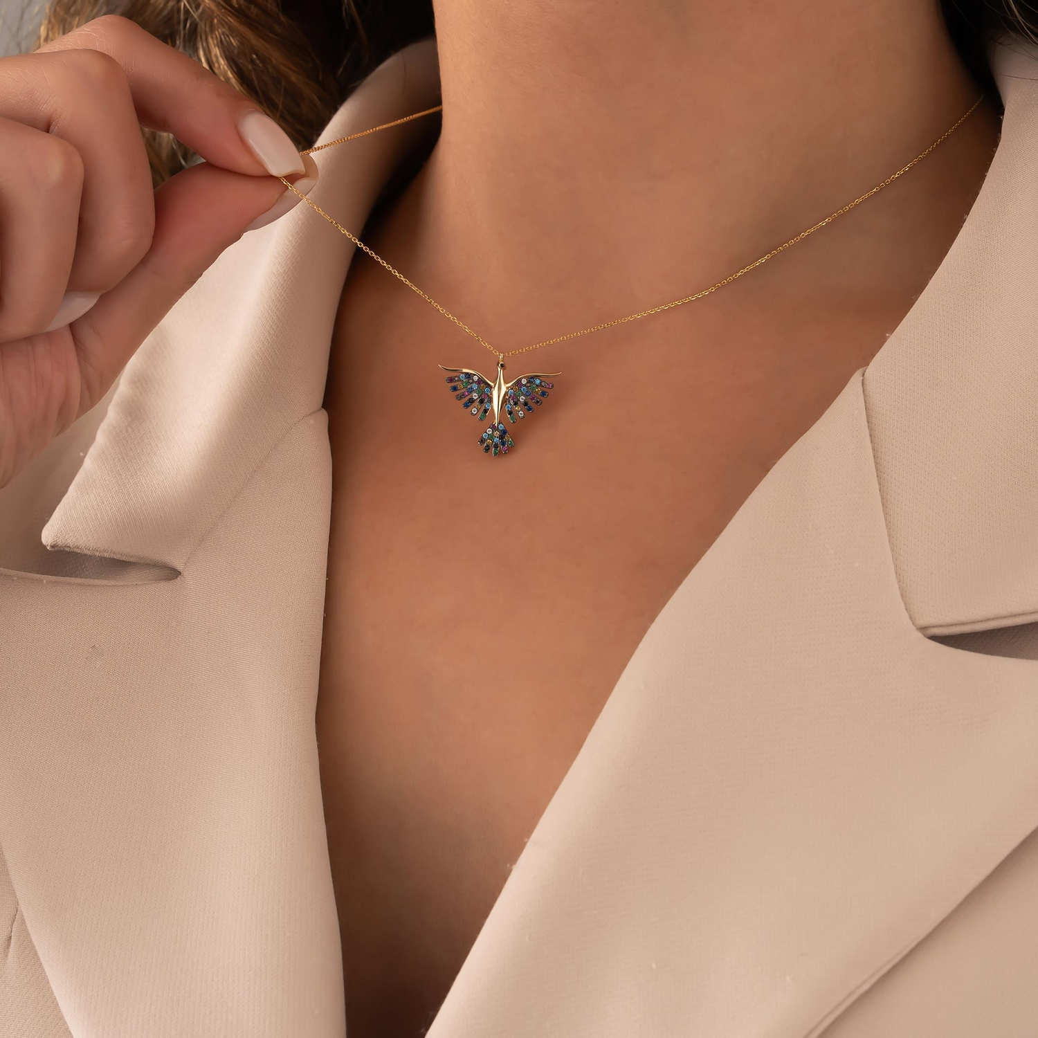 Renkli Taşlı Anka Kuşu 14 Ayar Altın Kolye