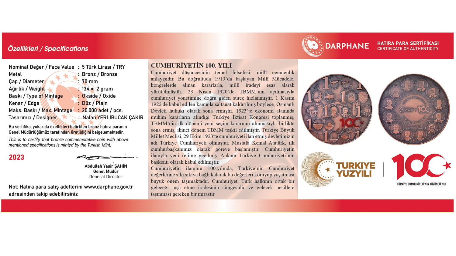 Türkiye Cumhuriyet'inin 100. Yılı Bronz Hatıra Parası