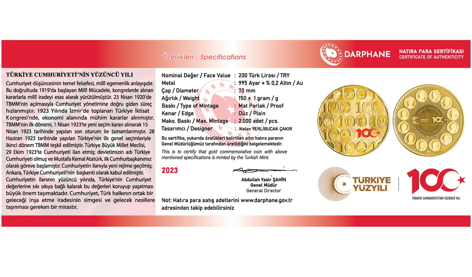 Türkiye Cumhuriyeti'nin 100. Yılı Altın Hatıra Parası